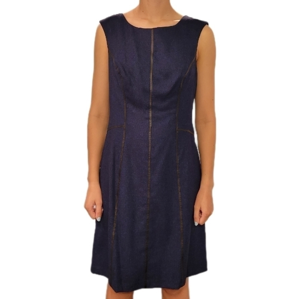 Andrew Marc Women's blue tweed sleeveless sheath dress w/ black detailing size 8 - Picture 1 of 10